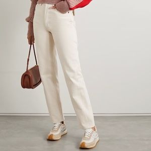 Still Here Childhood Striped Felt-Trimmed High Rise Straight Leg Jeans Ecru 28